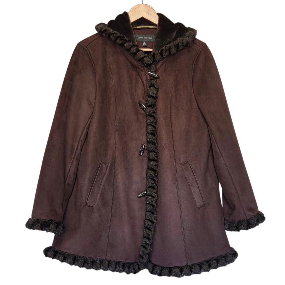 Jones New York Brown Vegan Suede Y2K Faux Fur Lined Coat Large Penny Lane - Picture 2 of 13